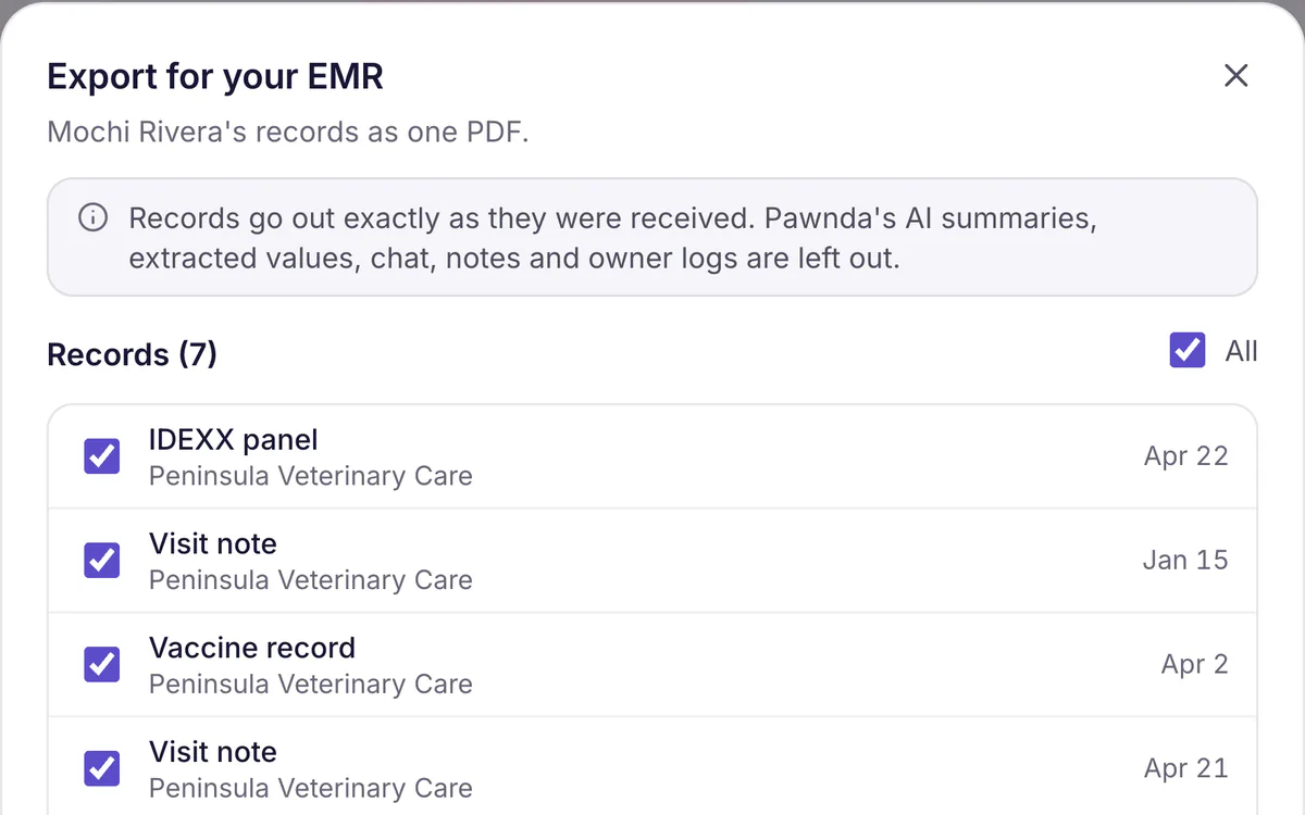 The Export for your EMR sheet: Mochi Rivera’s records as one PDF. Records go out exactly as they were received; Pawnda’s AI summaries, extracted values, chat, notes and owner logs are left out; all 7 records are selected.